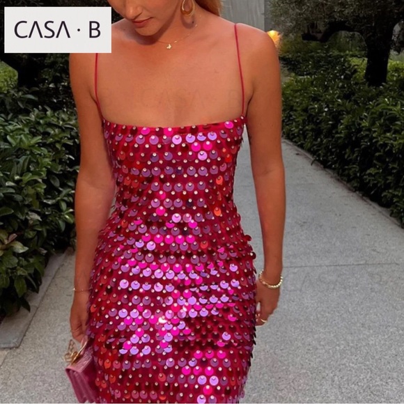 NEW to CASA B | Zephyr Sequin Midi Dress in Fuchsia Pink - Picture 4 of 12
